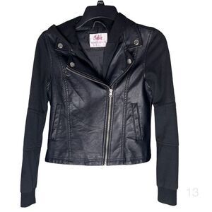 Justice girls 12/14 faux leather biker zip-up black hoodie jacket